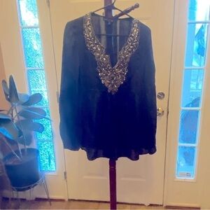LAFAYETTE 148 NY NAVY BLUE BEADED BABY DOLL TOP SIZE 10